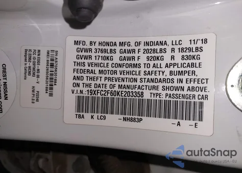 2019 Honda Civic Lx from USA, damaged, VIN 19XFC2F60KE203358